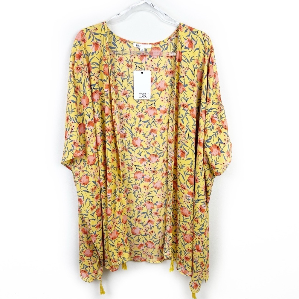 NWT DR2 Daniel Rain Open front kimono floral hem tassels size: 1X